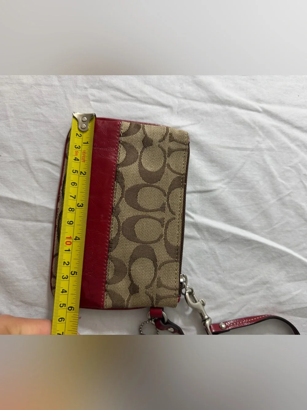 Coach Khaki Canvas Wristlet with Red Leather Trim